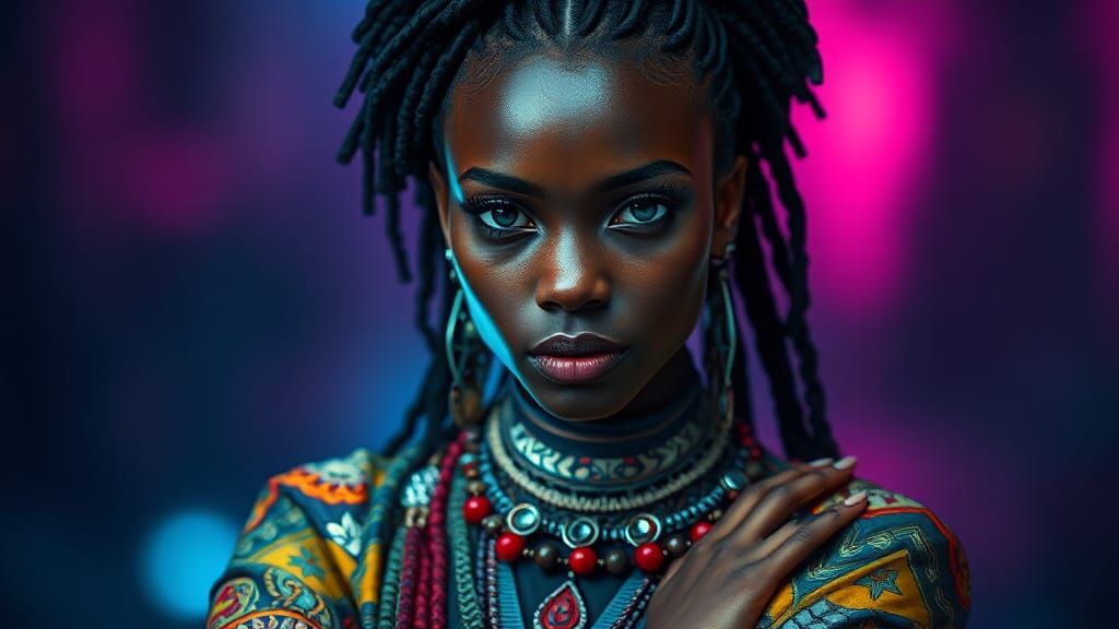 Elegant Woman in Futuristic Traditional Dress