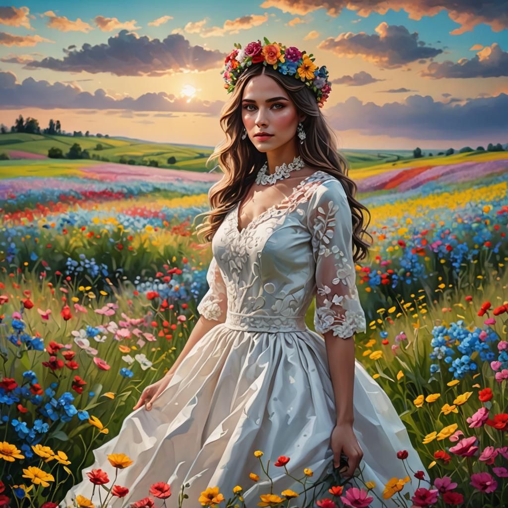 Woman with Flower Crown in Colorful Field