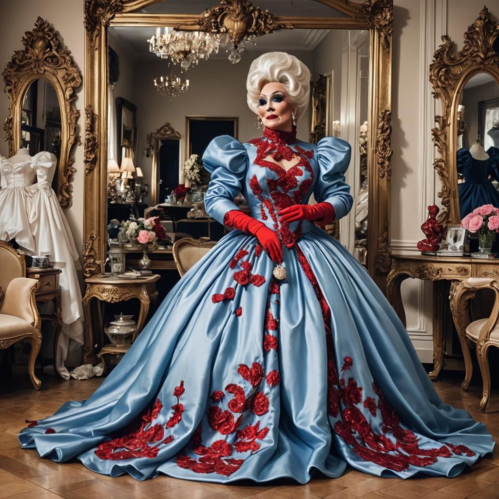 Satin Wonderland: Mature Drag Queen in Extravagant Gown