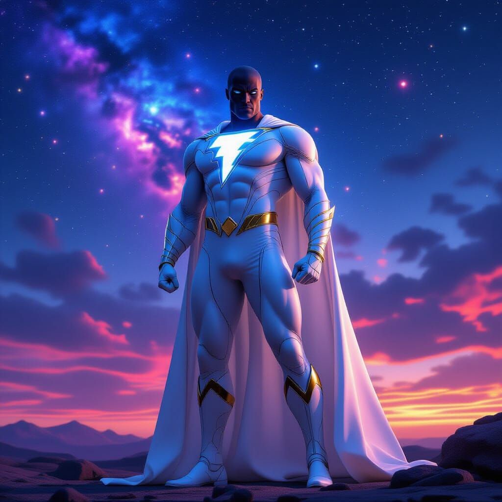 Black Adam in White Costume Under Nebula Sky