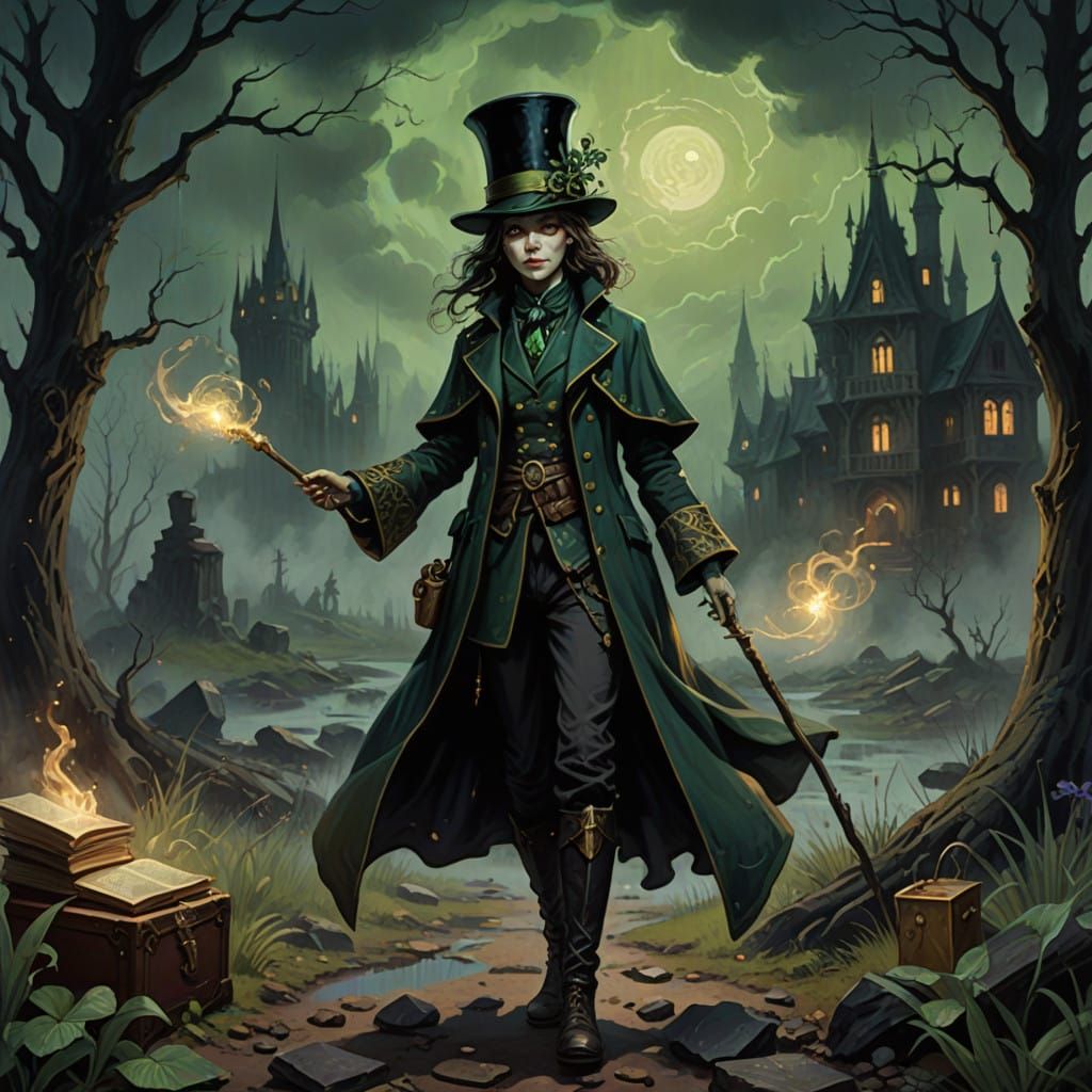 Ethereal Leprechaun Mage in Vintage Horror Art Style