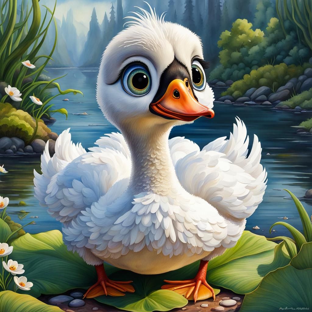 Pixar-Style Swan Caricature with Chibi Eyes