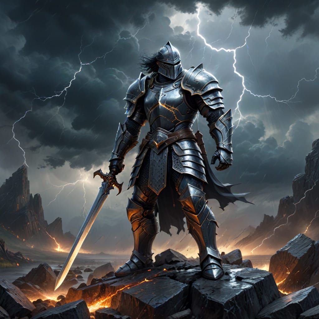 Armored Knight with Sword in Stormy Landscape