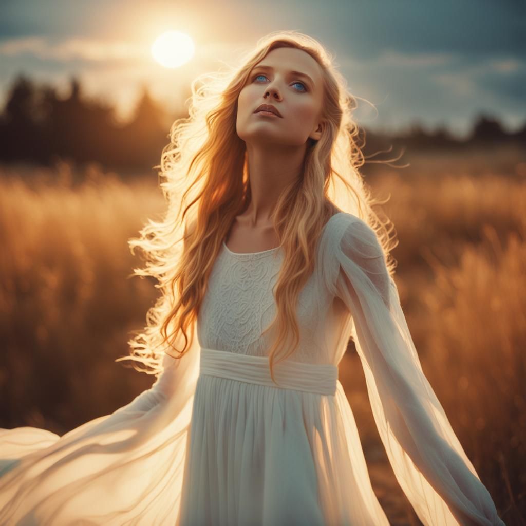 Woman with Blonde Hair Gazing at Sunlit Sky