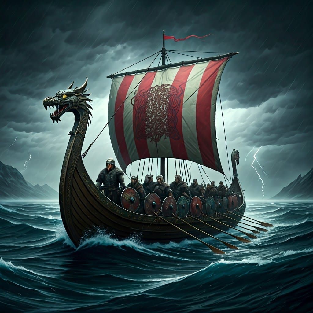 Viking Longship Amidst Stormy Seas