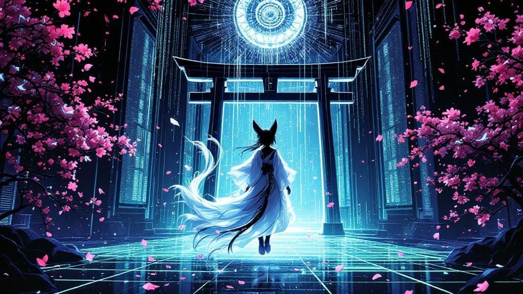 Digital Kitsune Girl in Cyberpunk Data Shrine
