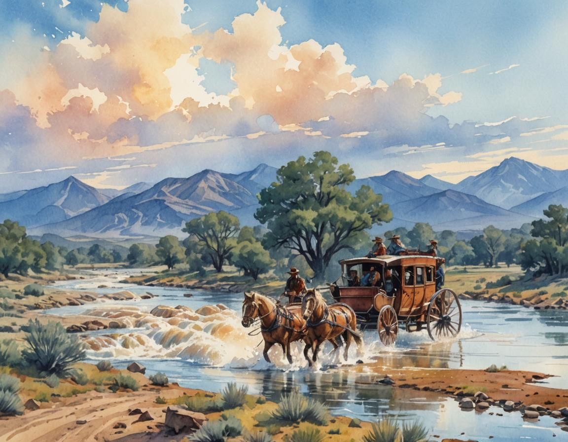 Wild West Stagecoach Crossing River in Watercolor Comic Art
