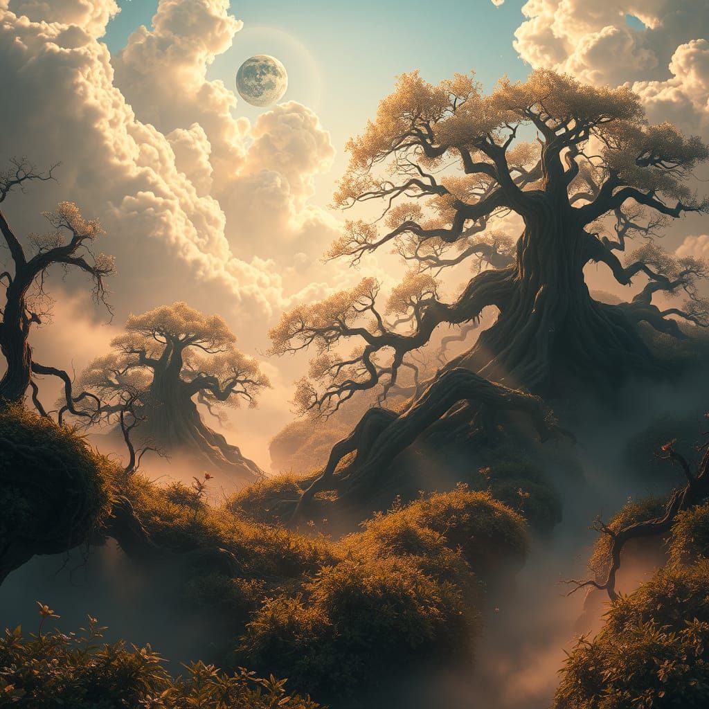 Ethereal Mystical Realm with Ancient Trees and Celestial Bod...