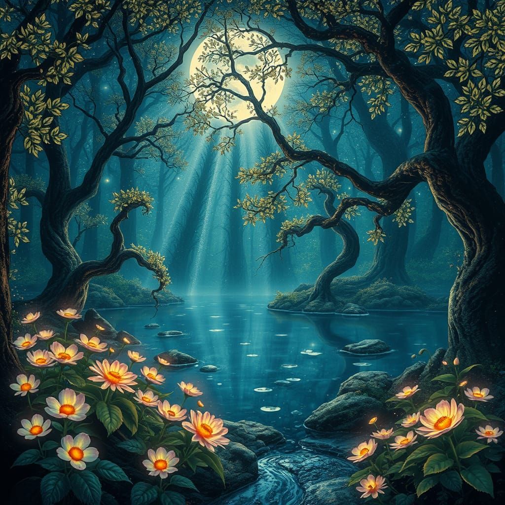 Ethereal Forest Glade with Bioluminescent Trees and Iridesce...