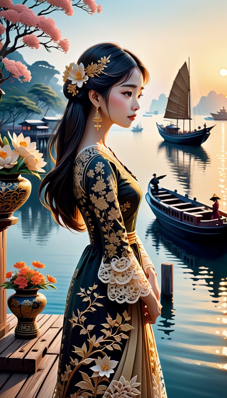 Elegant Vietnamese Woman in Paper Cut Style