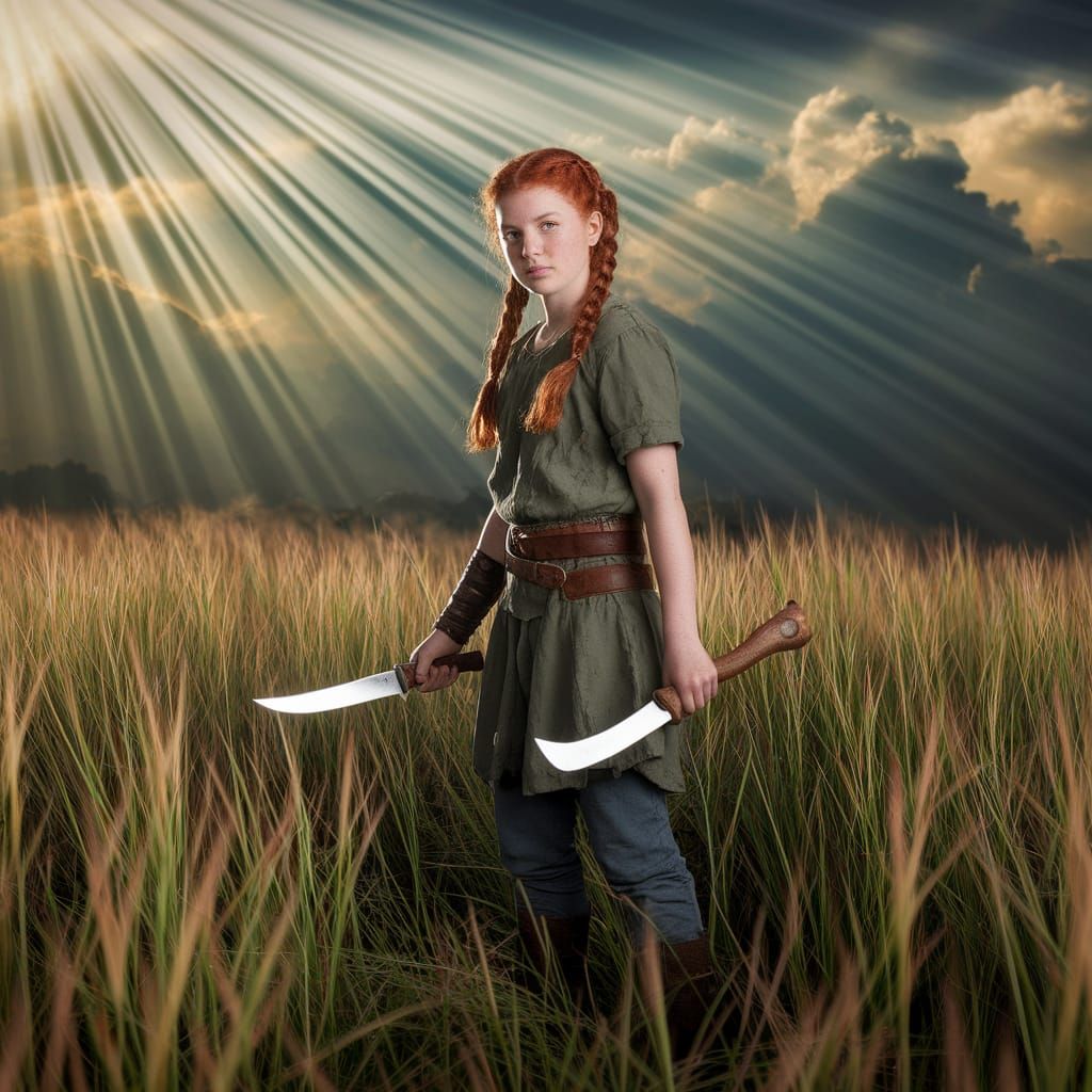 Warrior Girl in Field of Grass, Painterly Photo