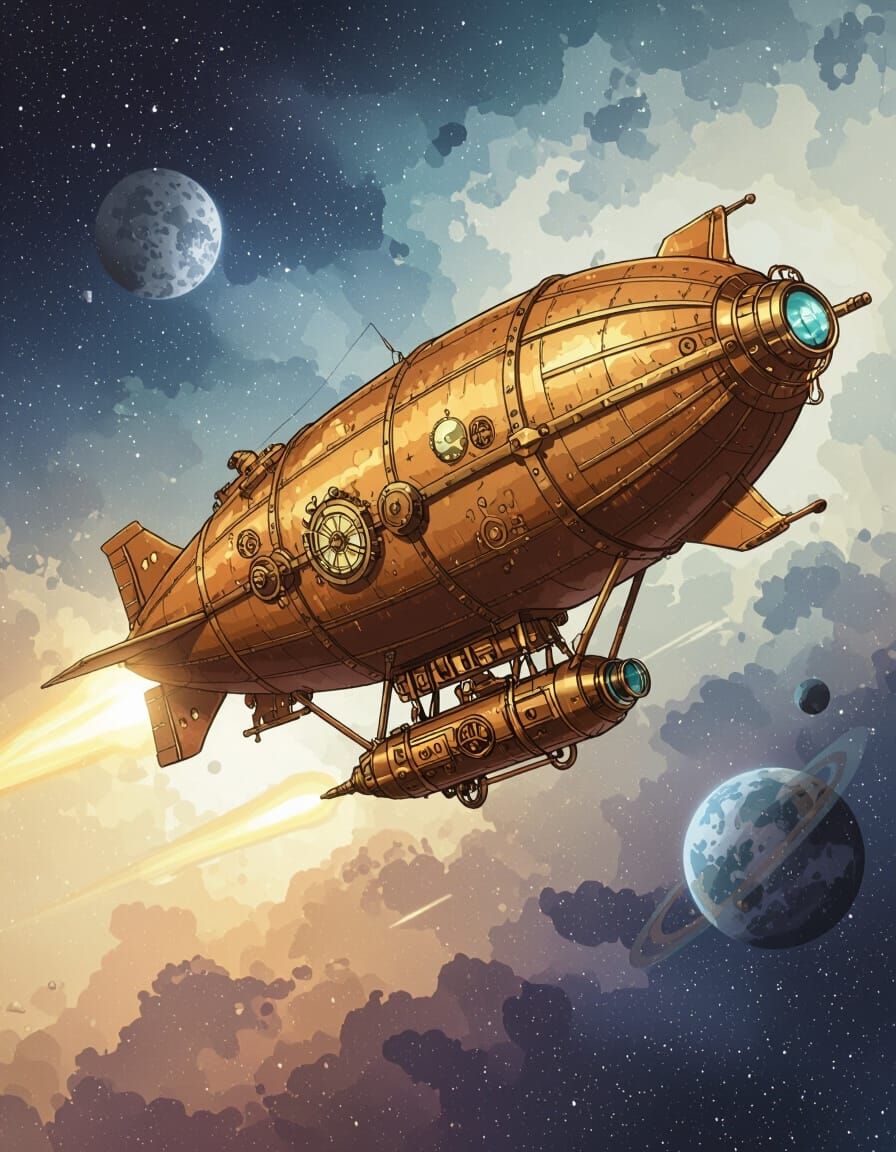 Steampunk Dirigible Spaceship in Outer Space
