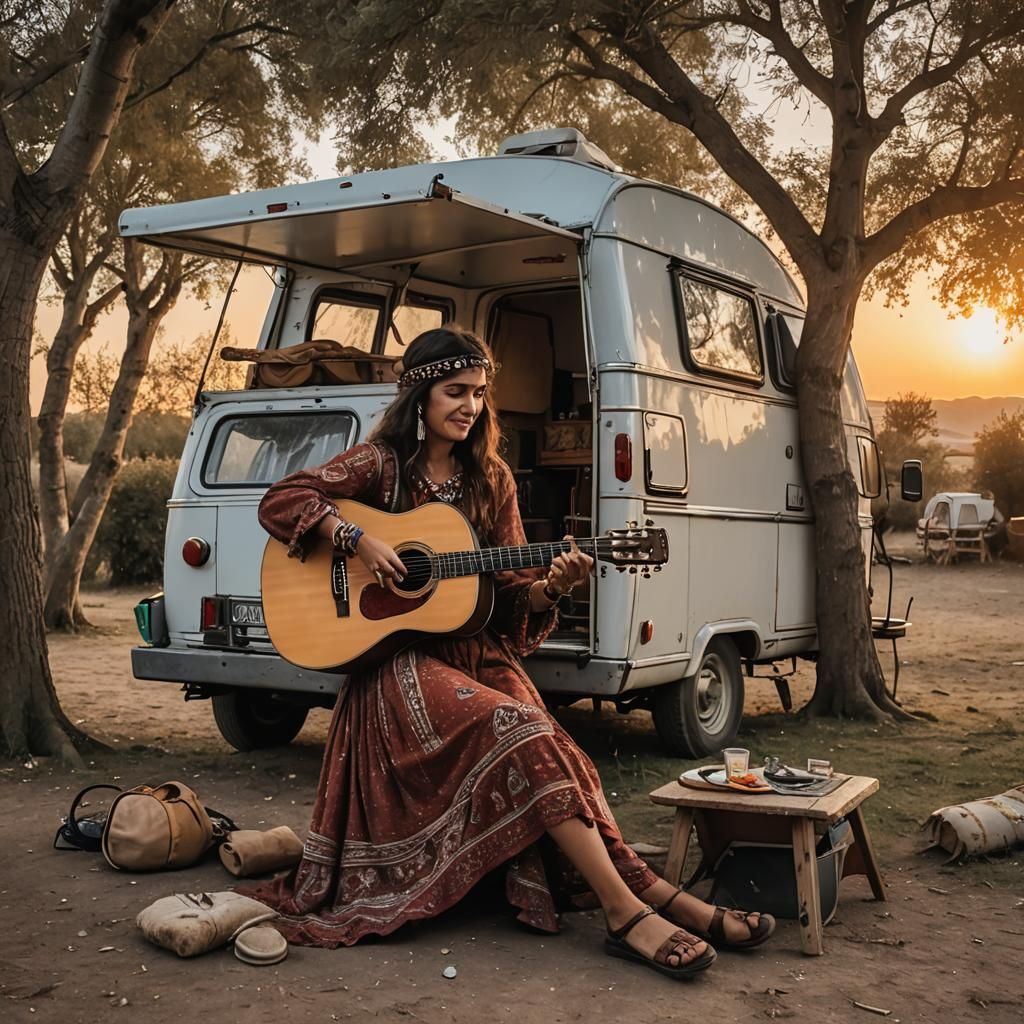 gypsy playing guitar sitting by the caravan sunset