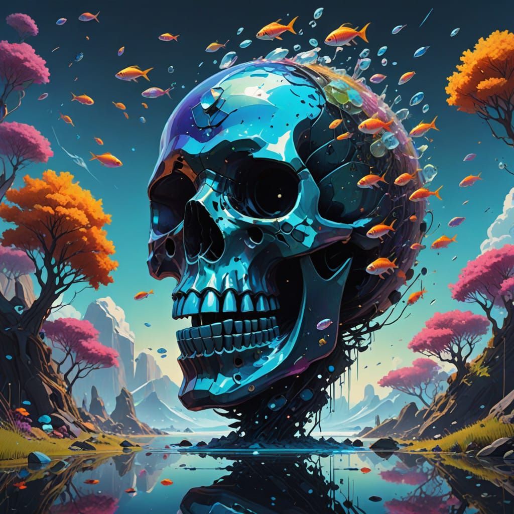 Rainbow Fish Swarm Around Crystal Skull in Vibrant, Fantasti...