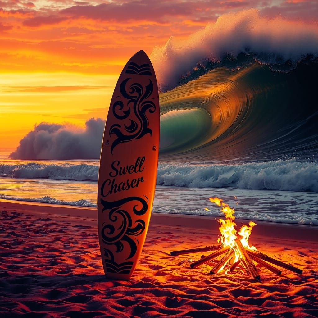 Surreal Sunset Beach Scene with Tribal Surfboard
