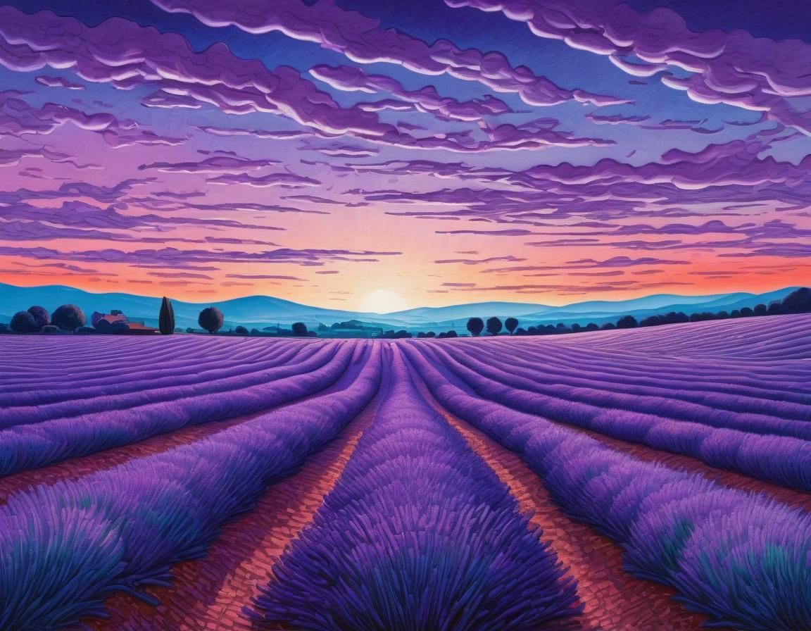 Twilight Lavender Field in Colored Pencil Style