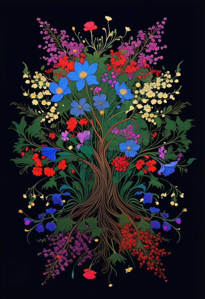 Explosive Colors: Forest Flowers Triumph, Art Nouveau