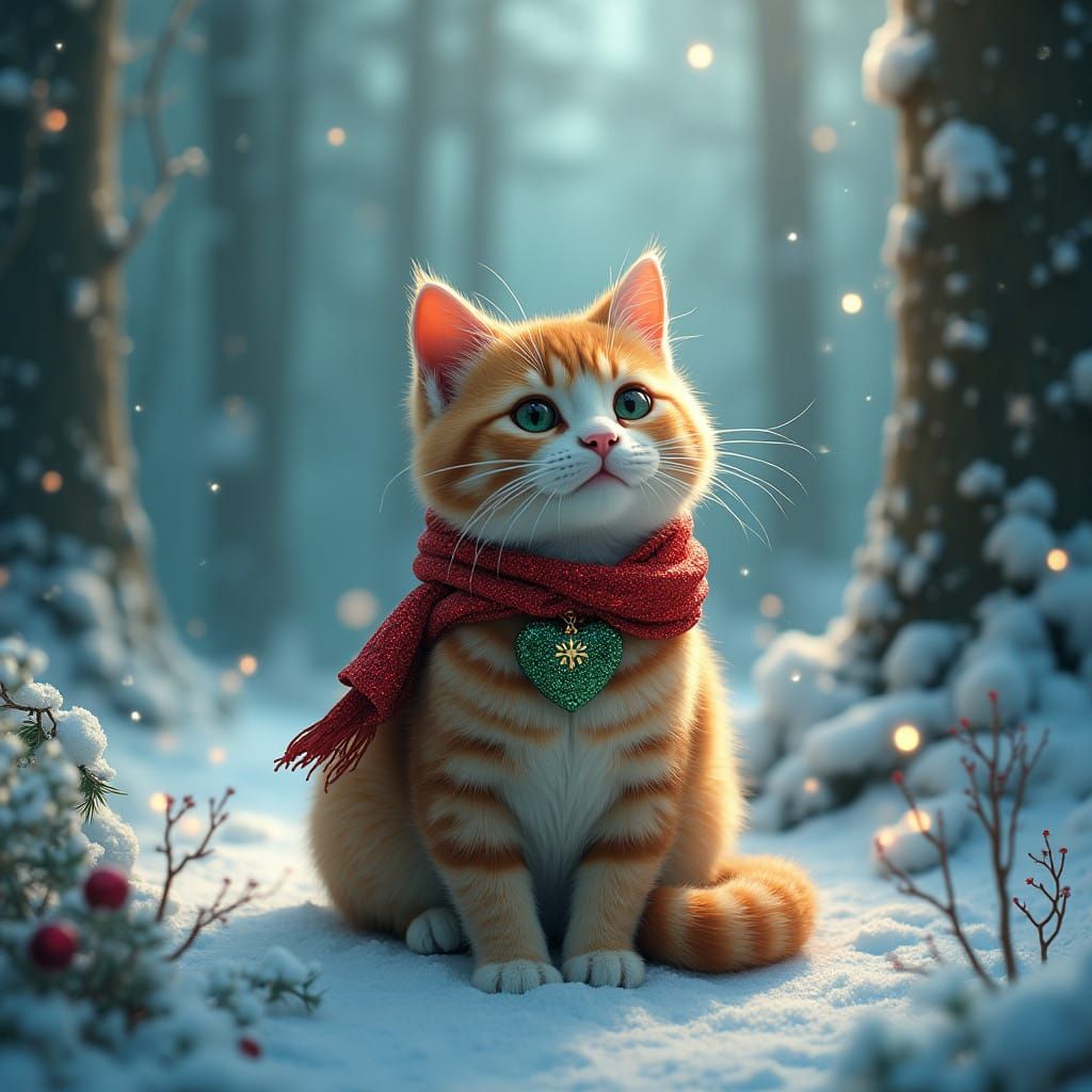Whimsical Christmas Cat in Mystical Winter Wonderland