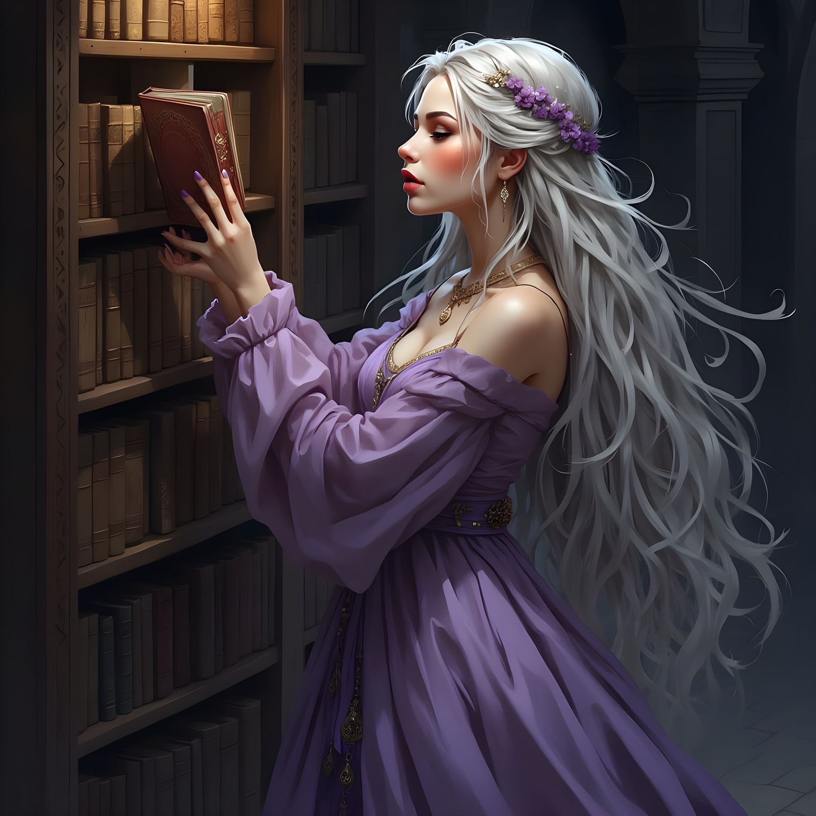 Norse Goddess of Wisdom Reaching for Book in Shadowy Library