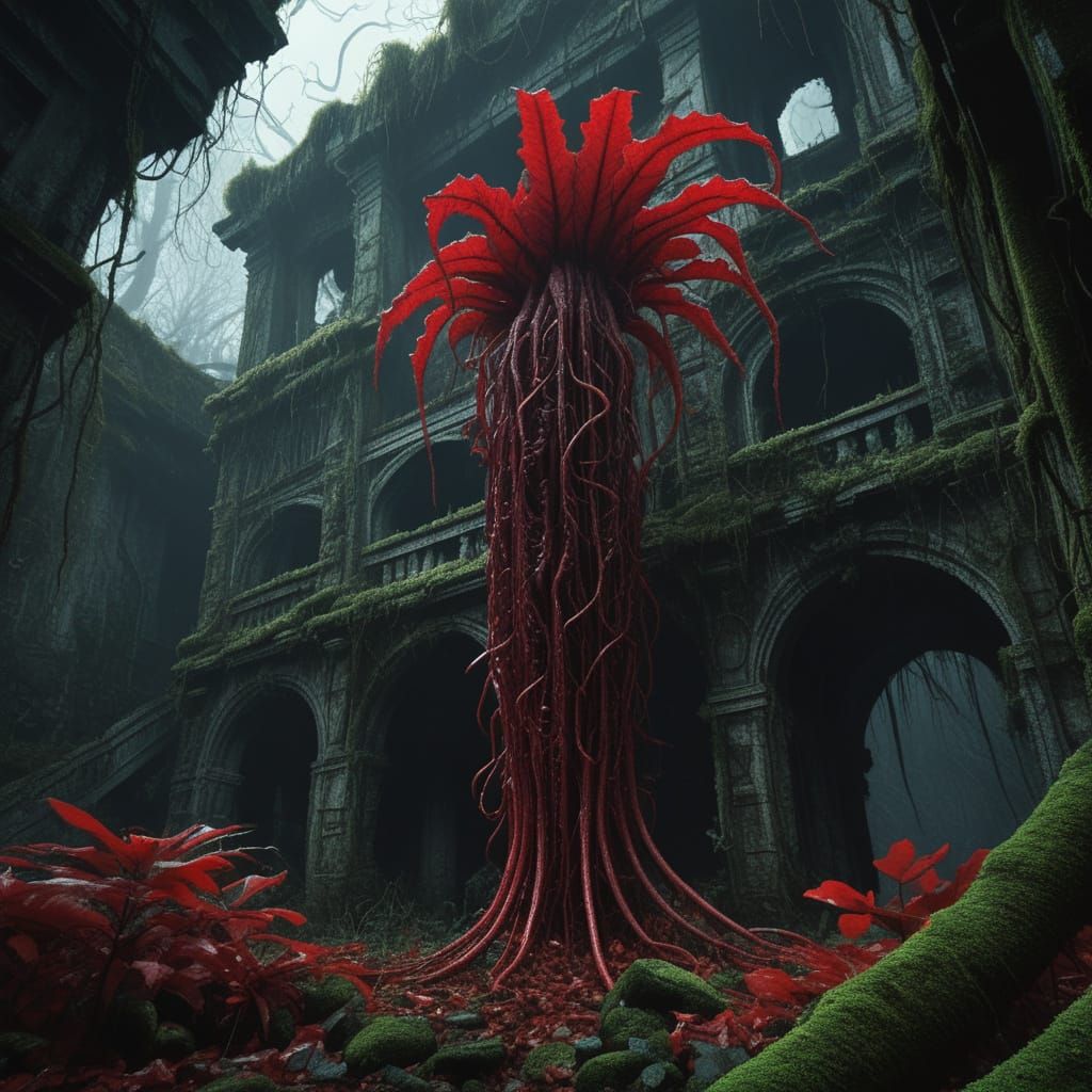 Ancient Carnivorous Plant in Dark Jungle Ruin