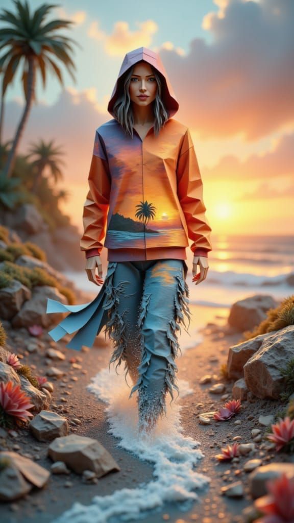 Woman in Hoodie with Sunset and Winter Stream
