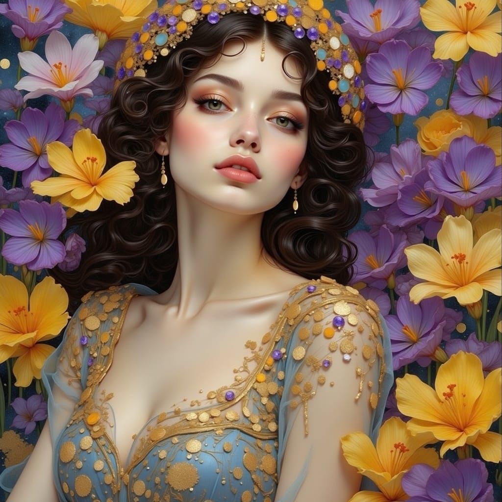 Gemstone Gown and Crocuses, Art Nouveau Style