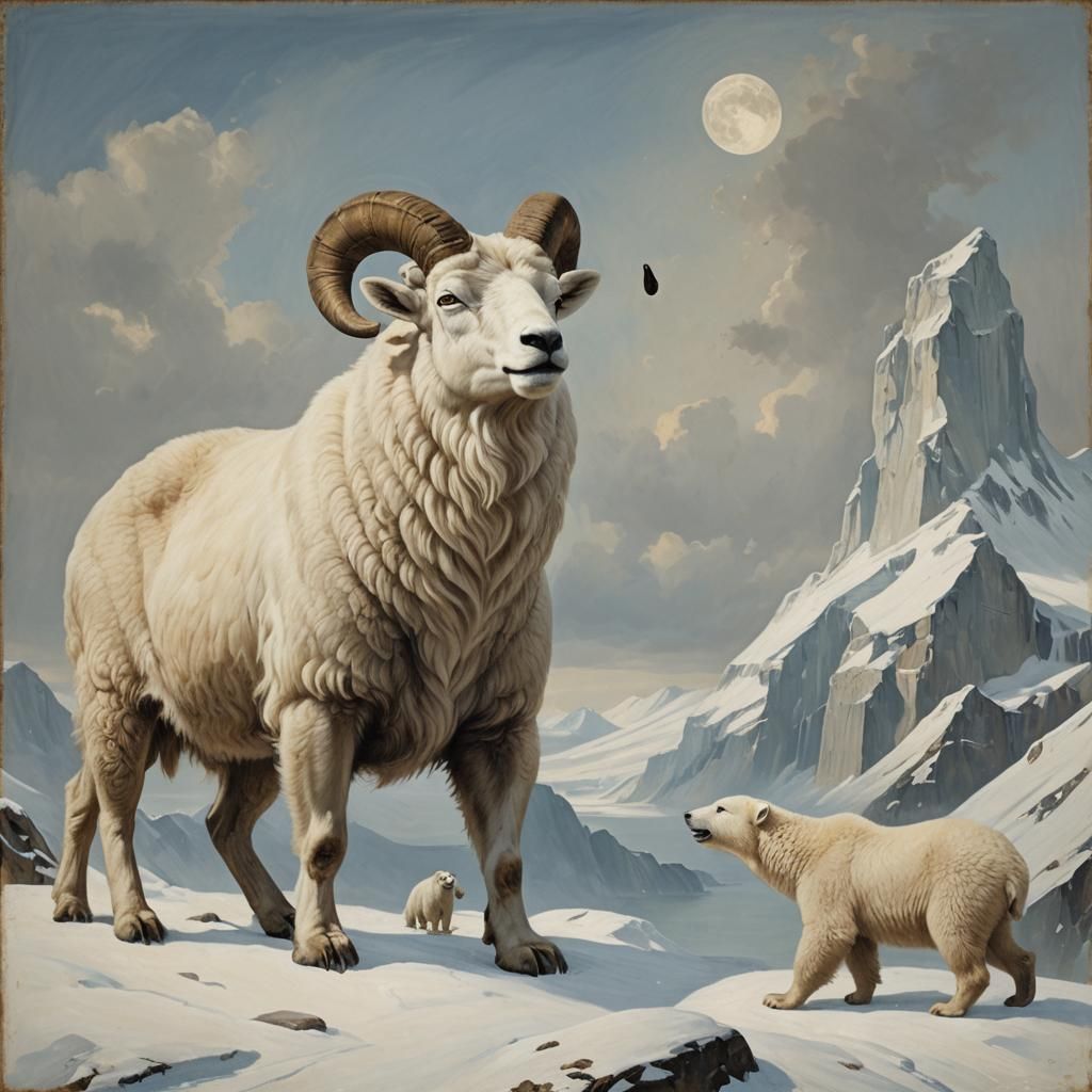 Ram Waving Horns to Polar Bear Height