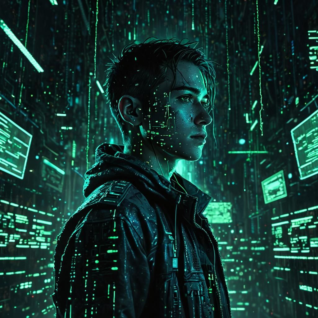Cyberpunk Hacker in Pointillist Dystopian Scene