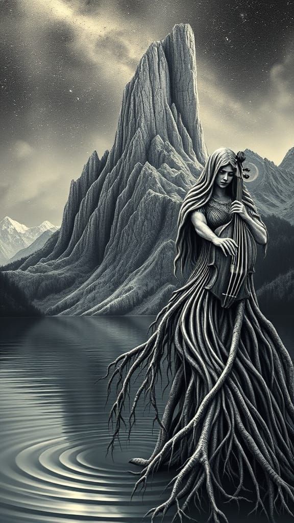 Sepia Mountain Goddess Tattoo Design with Crystal Lake