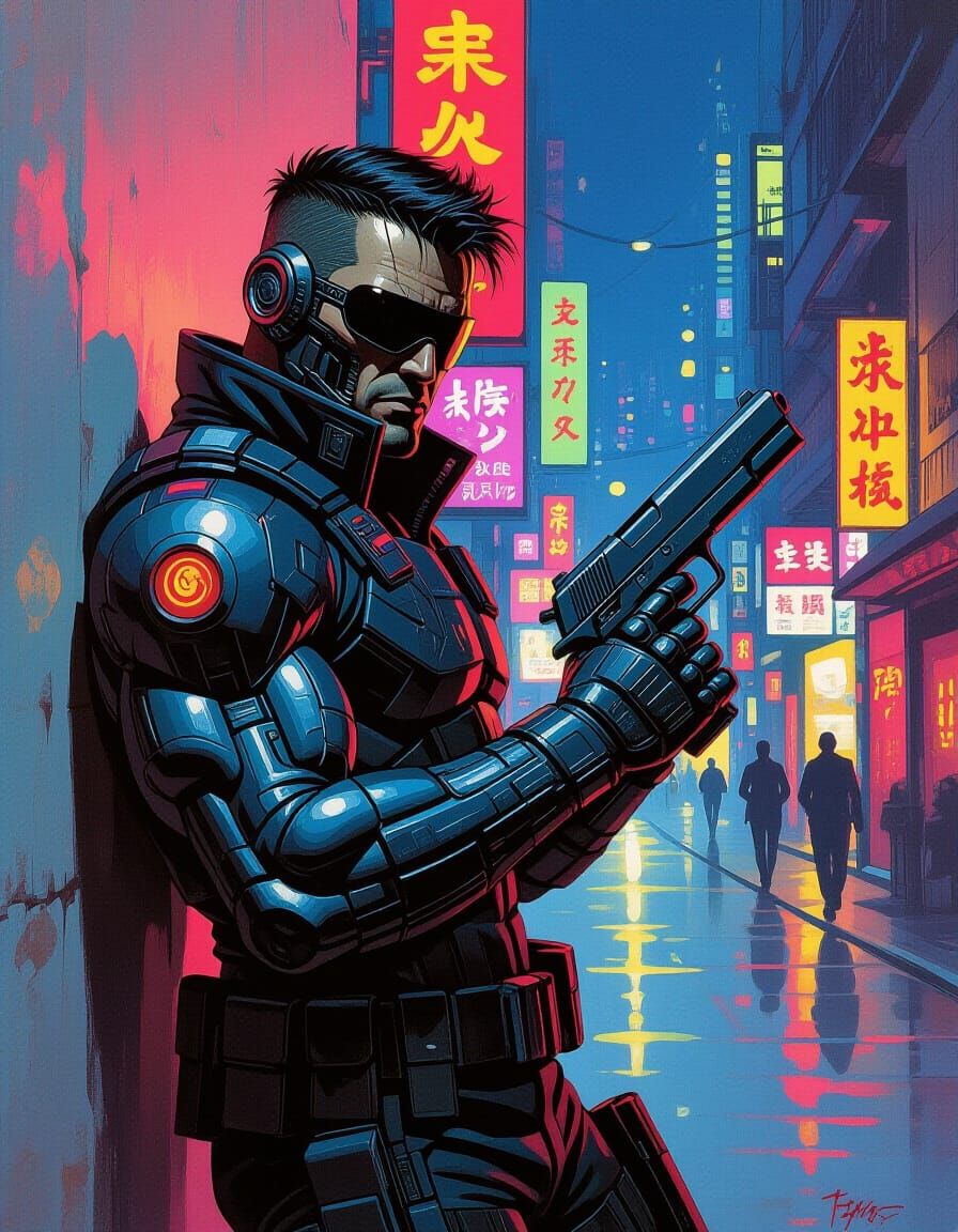 Cybernetically Enhanced Mercenary in Neon Dystopian Street