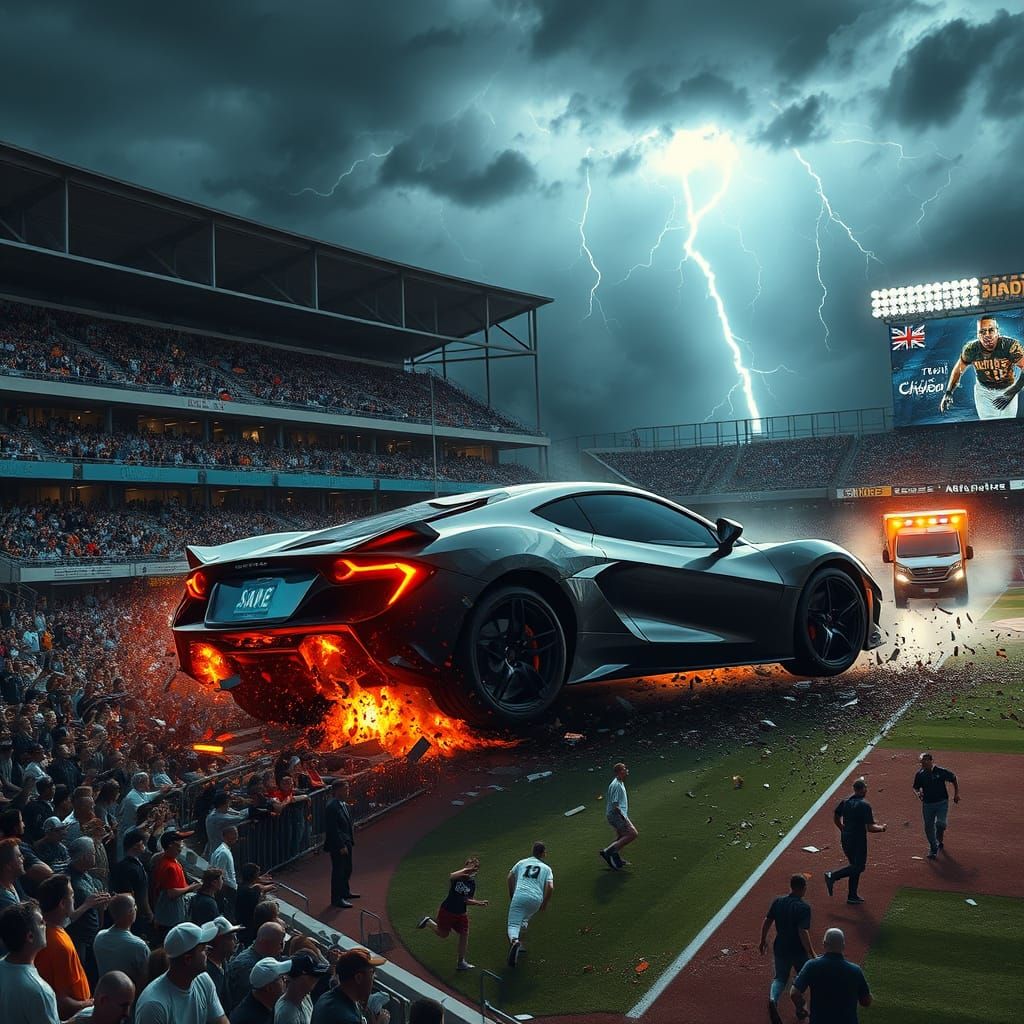 Crumpled Sports Car in Ruined Baseball Stadium During Fierce...