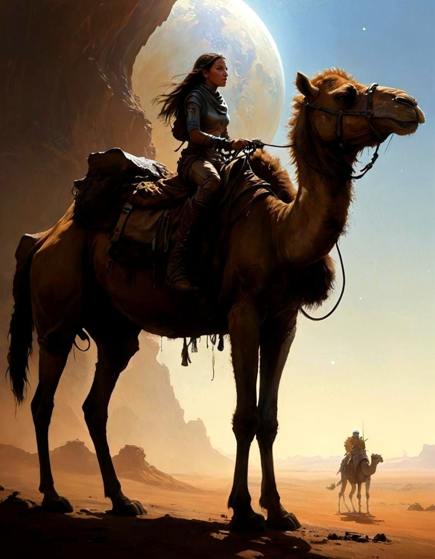 Female Nomad Rides Camel on Alien Planet