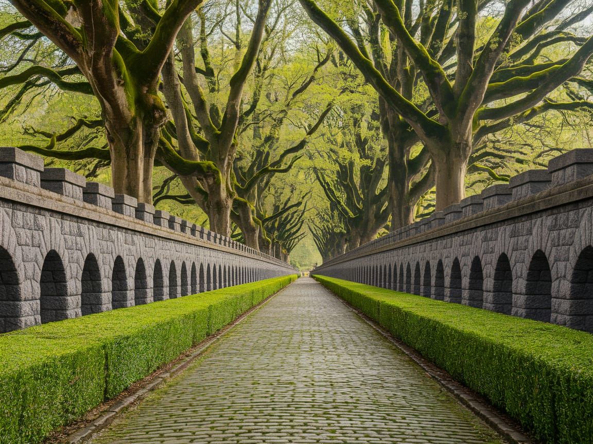 Fairytale Cobblestone Path Under Mossy Tree Canopy