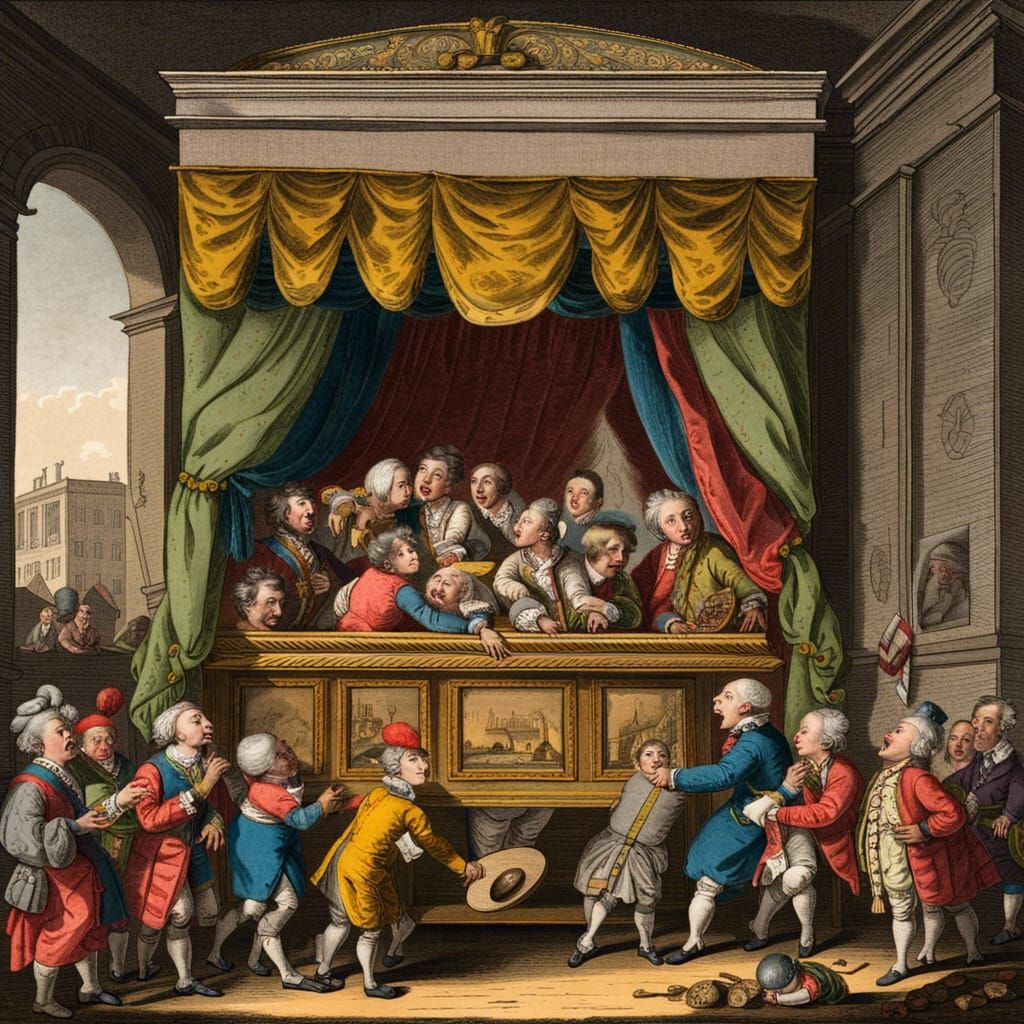 1770s British Puppet Show Color Etching