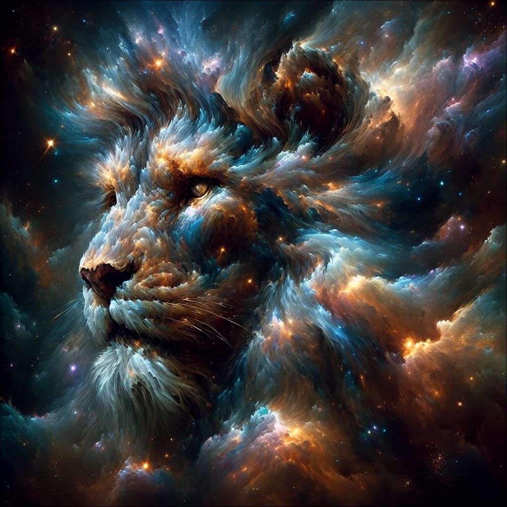 Cosmic Nebula Lion Face in Romanticism Style