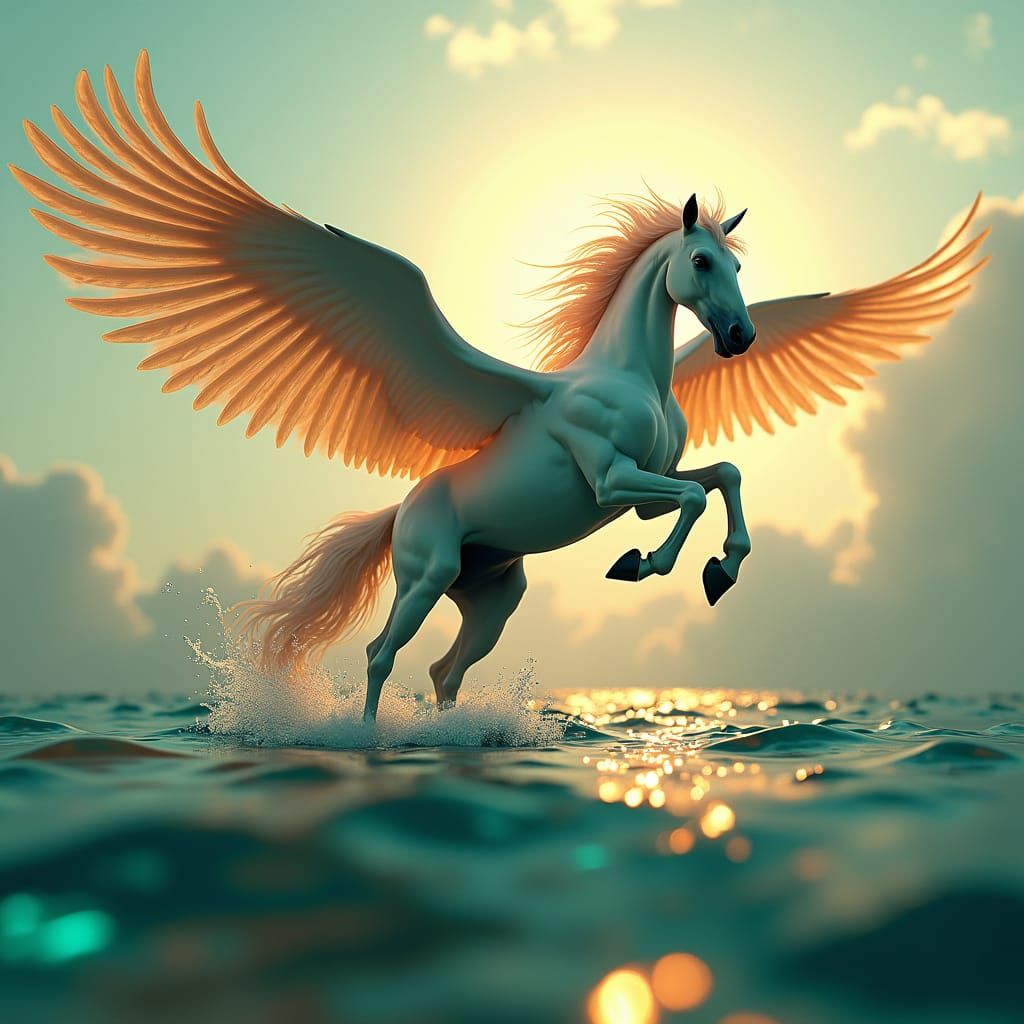 Pegasus Soaring Over Iridescent Sea: Digital Art
