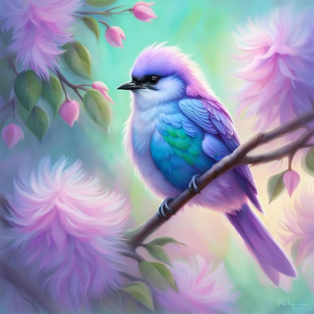 Pastel Bird in Flowering Tree: Digital Painting