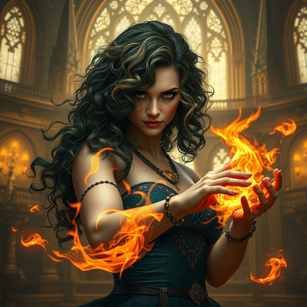 Mystical Woman Controls Fire in Opulent Mansion