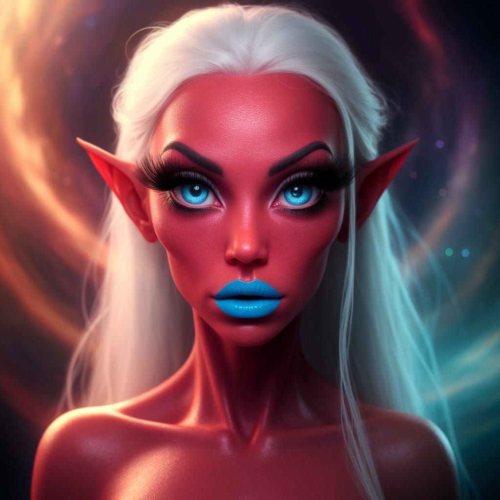 Ethereal Red Alien Goddess Amidst Swirling Nebulae