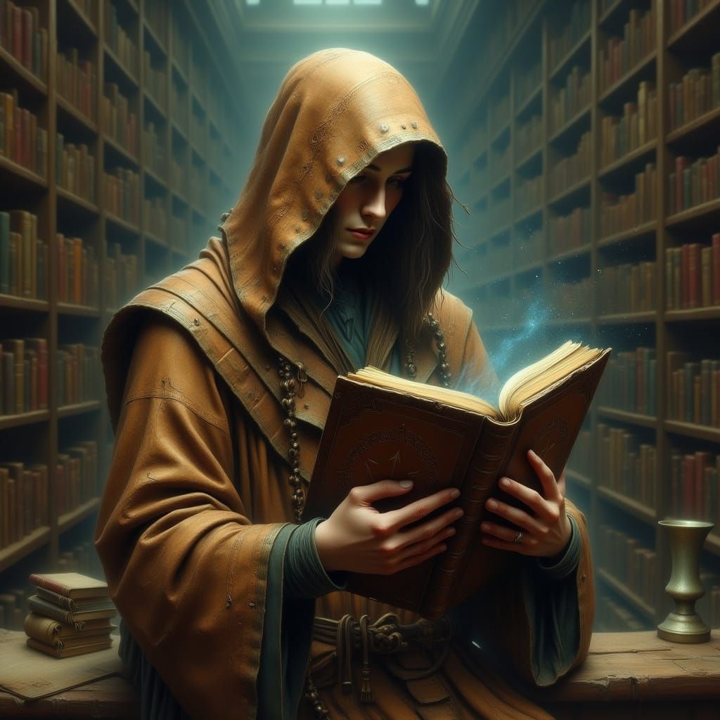 Mystical Figure with Ancient Tome in Dark Library