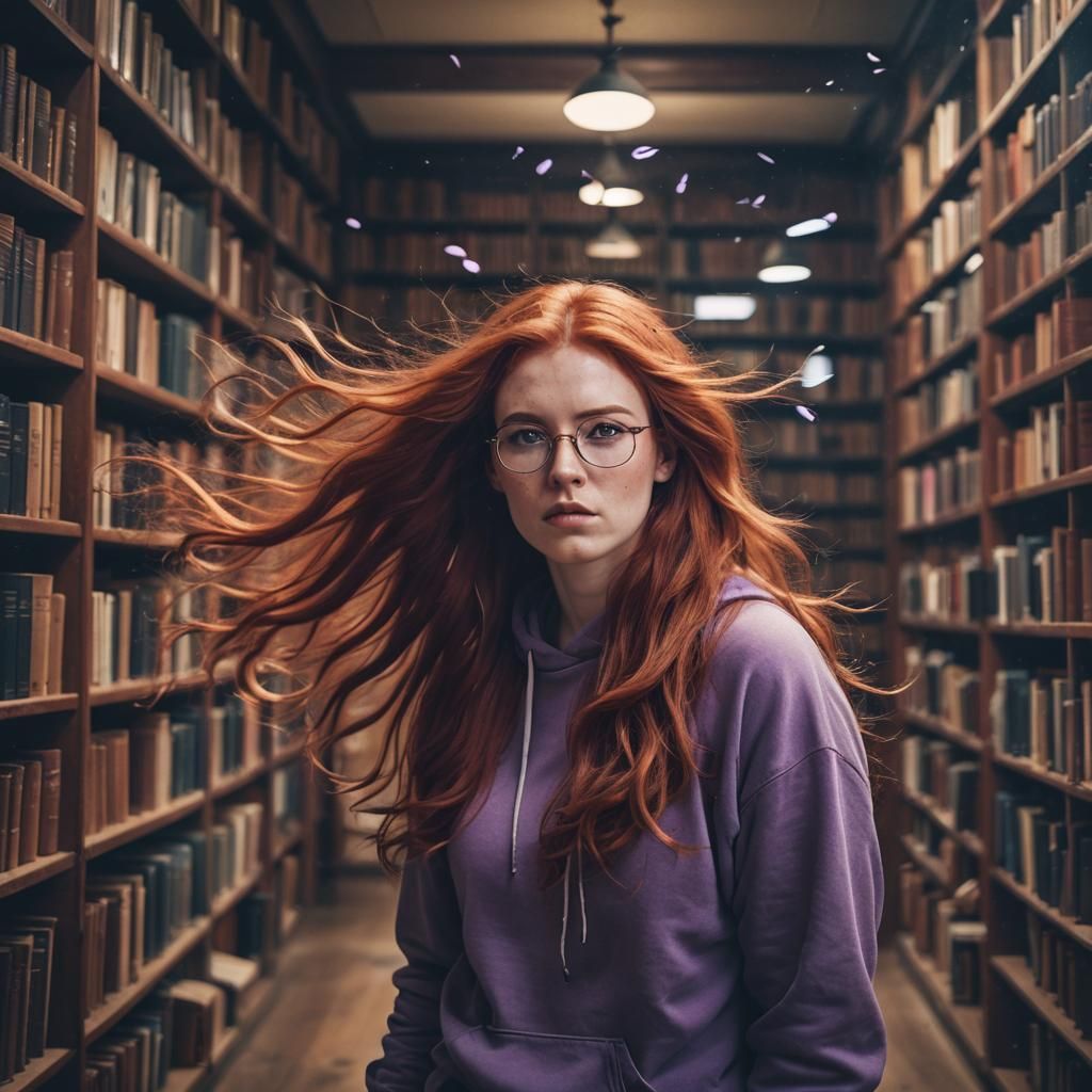 Alluring Redhead in Magic Library: Cinematic Portrait