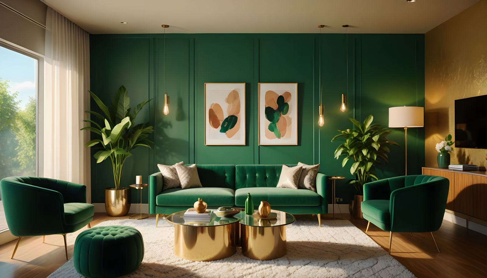 Emerald Green Accent Wall in Modern Living Room