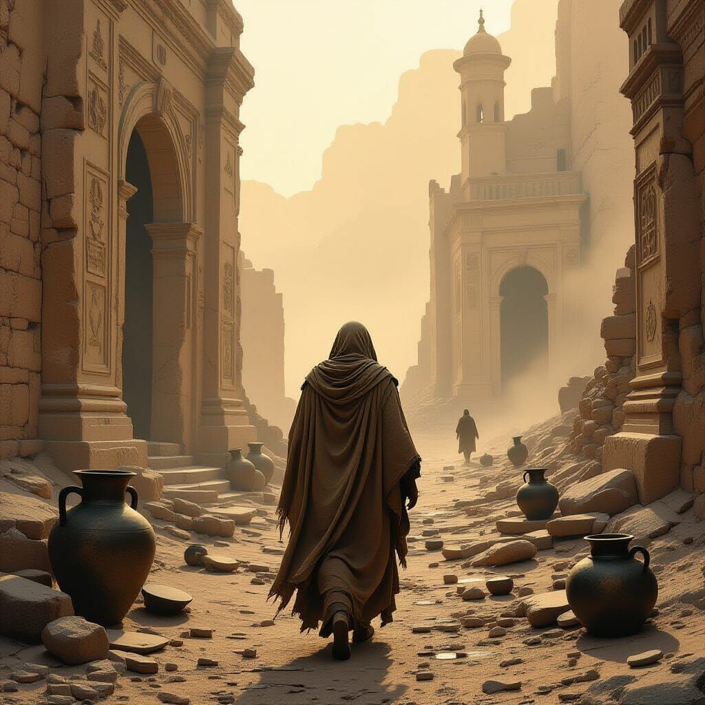 Figure Leaving Crumbling Structure in Retro Sci-Fi Style