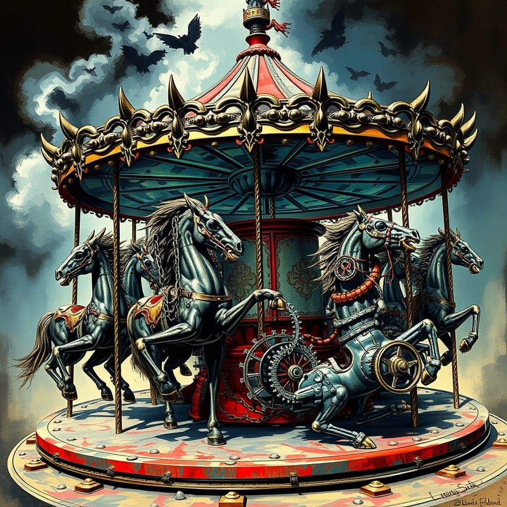 Gothic Metal Carousel with Skeletal Steeds