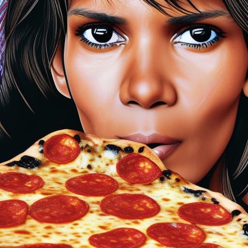 Halle Berry Eating Pizza in Splash Art Style