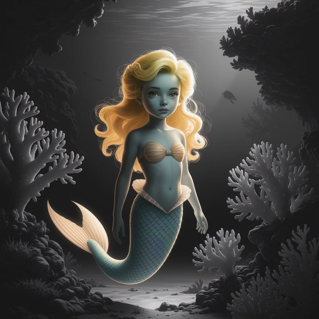 Enchanting Mermaid in Grayscale Coral Reef