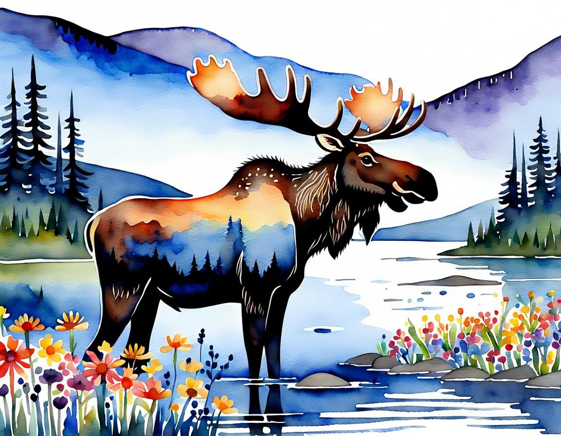 Stylized Watercolor: Canadian Moose at Wildflower Lake