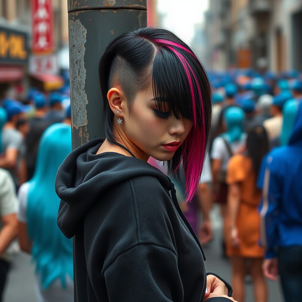 side view beautiful emo girl in black hoodie hood down with pink highlights in hair. red eyes looking down snow flake ta...