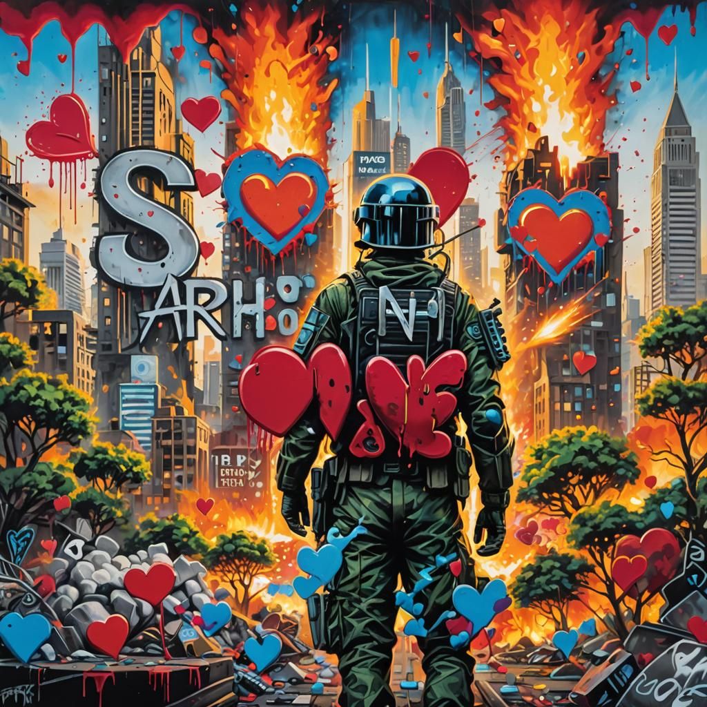 Futuristic Soldier in Surreal Graffiti Art