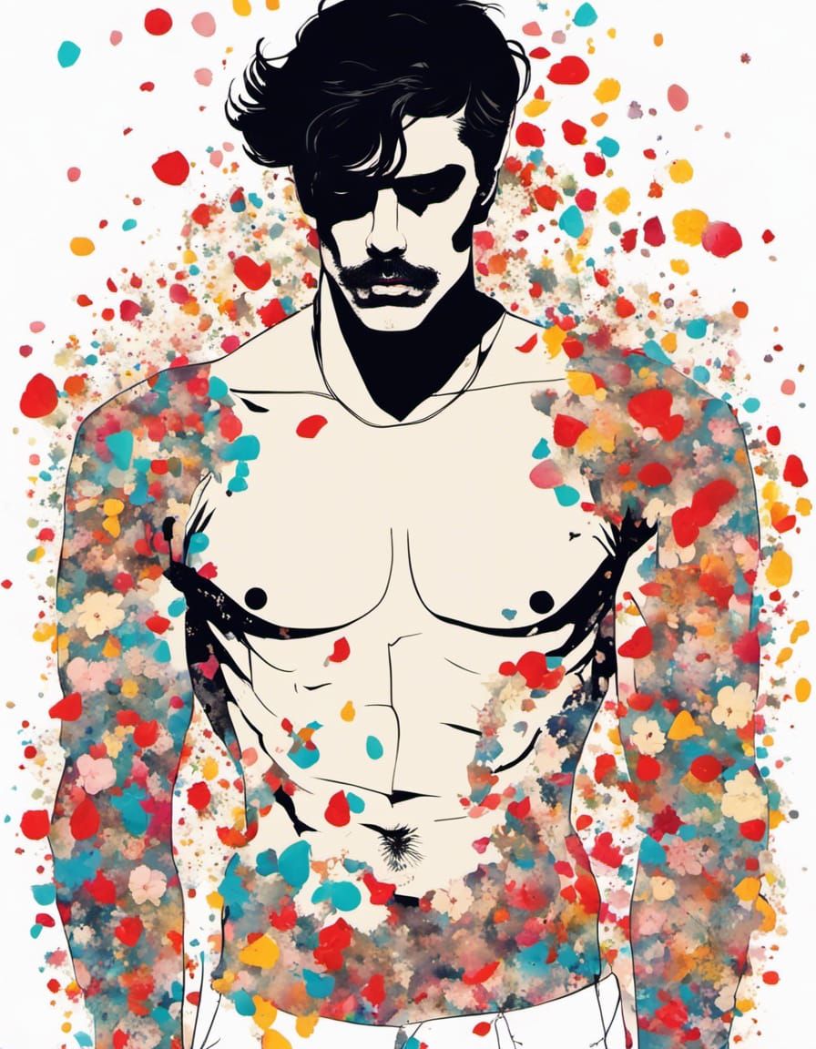 Tattooed Man Surrounded by Flowers in Gothic Style